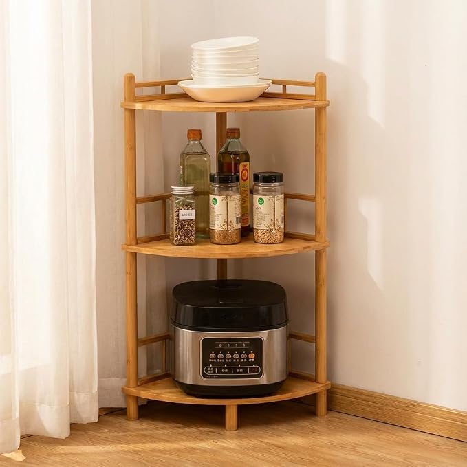 3-Tier Expandable Bamboo Corner Shelf Stand,Corner Bookshelf, Display Storage Shelves with Open Shelves, for Organization and Storage, Living Room, Home Office, Garage (Natural, 3-Tier WithRail)