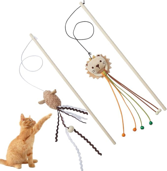 2-Pack Cat Toy Wand Set: Interactive Cat Teaser Wands with Bells and Streamers to Engage Your Cat’s Natural Instincts (Lion and Mouse)