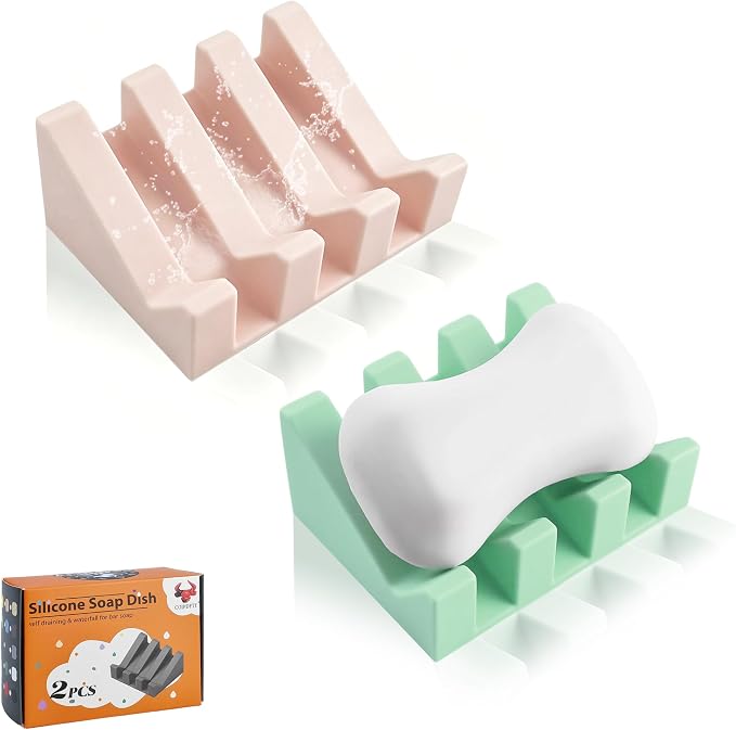 Self Draining Soap Dish Holder,Silicone Soap Dish,for Bathroom,Kitchen, Sponges，Can Extend Soap Life，Keep Soap Bars Dry and Easy Cleaning (Pink+Sea Blue,2-Pack)
