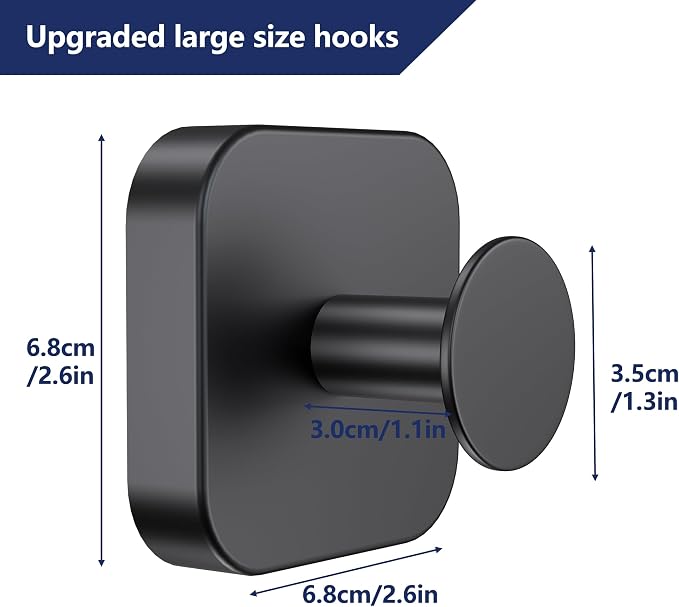 Aikzik Adhesive Hooks for Shower, Heavy Duty Replaceable Sticky Large Wall Towel Hooks for Hanging Towel, Robe, Coat, Stainless Steel Hook for Bathroom and Door, Waterproof & Rustproof - 2 Pack, Black