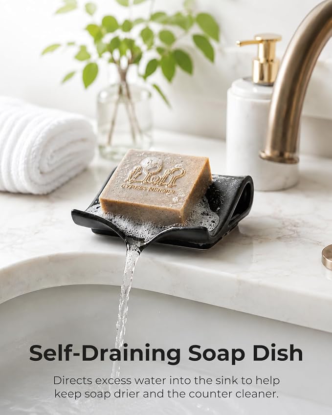 Zoeeker Soap Dish with Drainage, Ceramic Self-Draining Bar Soap Holder | Waterfall Design Soap Drying Tray for Bathroom, Kitchen, Sink, Soap Saver Keep Dry, Extends Soap Life, Black-Brown Glaze