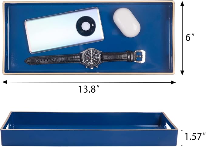 MAONAME Royal Blue Vanity Tray Set of 2, Plastic Decorative Tray with Handles, Long Narrow Trays, Rectangular Bathroom Trays for Toilet Tank, 13.8" X 6" X 1.57"