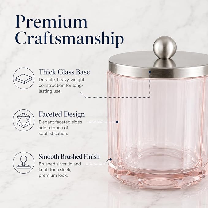 Blush Translucent Apothecary Octagional Shaped Glass Canister Jar With Metal Lid Cover for Bathroom Organization, Cotton Balls, Q Tips, and Small Accessories, Bathroom Storage