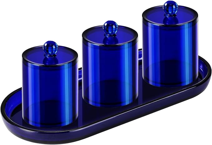 SheeChung 3 PCS Qtip Holder Bathroom Set with Tray, Acrylic Apothecary Jars | Blue Qtip Dispenser with Lid and Labels, Bathroom Qtip Holder Set for Cotton Ball, Cotton Swab 1 Pack Bathroom Vanity Tray