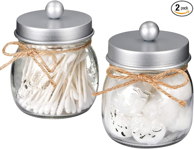 SheeChung 2 Pack Glass Mason Jar Qtip Holder Dispenser,Frosted Silver Lids | Clear Apothecary Jar,Stainless Steel Lids,Small Bathroom Jars Canisters,Vanity Storage Organizer for Cotton Swabs,Balls,Floss