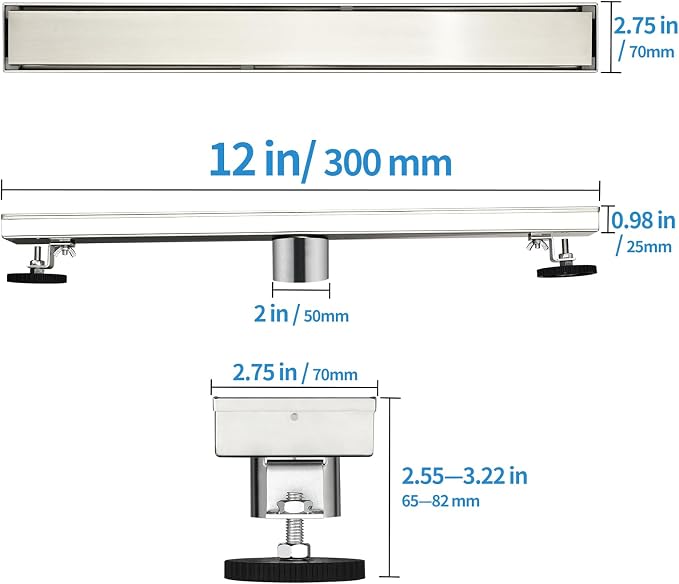 Linear Shower Drain ，12 Inch Brushed 304 Stainless Steel Rectangle Shower Floor Drain，with Reversable Tile-inPattern Drain Cover & Hair Catcher, Adjustable Feet