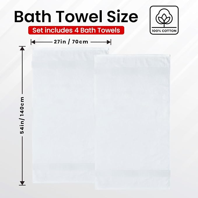 Infinitee Xclusives 100% Ring-Spun Cotton Bath Towels for Bathroom - Pack 4 | Luxury Super Soft, Absorbent & Quick-Drying |27x54 inches| Large Bathroom Towels Set |600 GSM| Gym, Shower, Spa & Hotel Use
