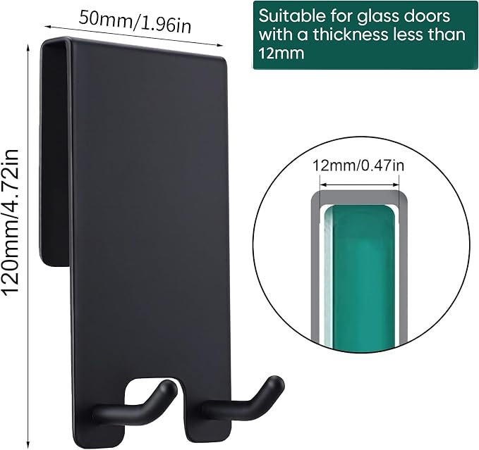 Taozun Shower Door Hooks - Towel Hooks for Bathroom Frameless Glass, Squeegee Hook, Over Glass Hook - Black Stainless Steel 2 Pack