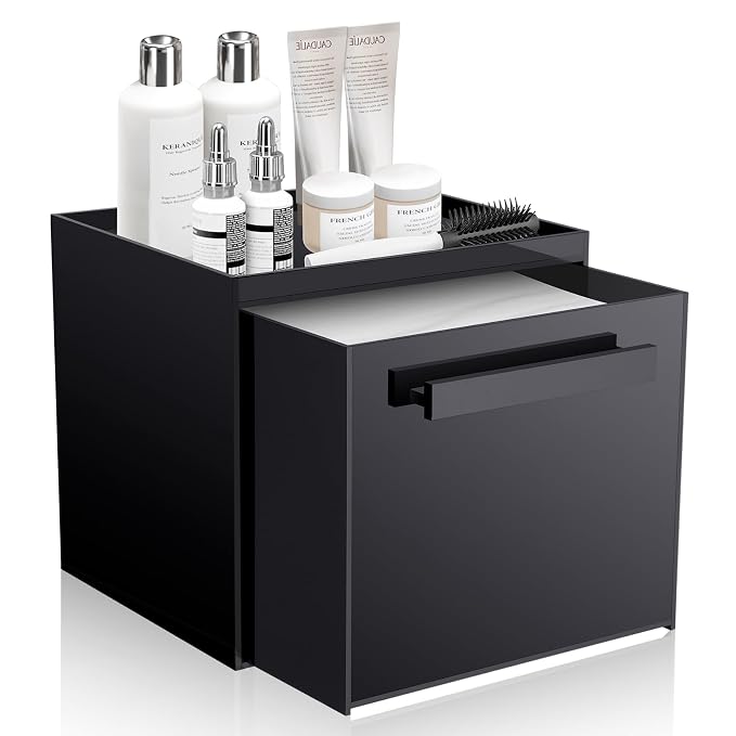 Acrylic Disposable Facial Towels Holder, Wall-Mounted, Glossy Black | Premium Thicken Acrylic | Compatible with Clean Skin Club Towel XL | Skin Care Organizer with Drawer | Bathroom Vanity