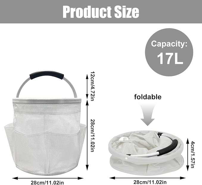 17L Cleaning Caddy with Handle, Foldable Cleaning Supply Caddy with 6 Pockets Cleaning Caddy Bag for Outdoor Camping Garden Harvest Basket Bathroom Storage (Clear)