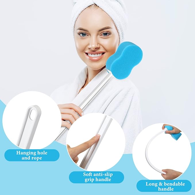 Norme 3 Pcs 22.4 Inch Long Handle Back Bath Sponge Lightweight Sponge on a Stick Body Cleaning Handled Washer Scrubber for Foot Body Limited Range of Motion, Blue
