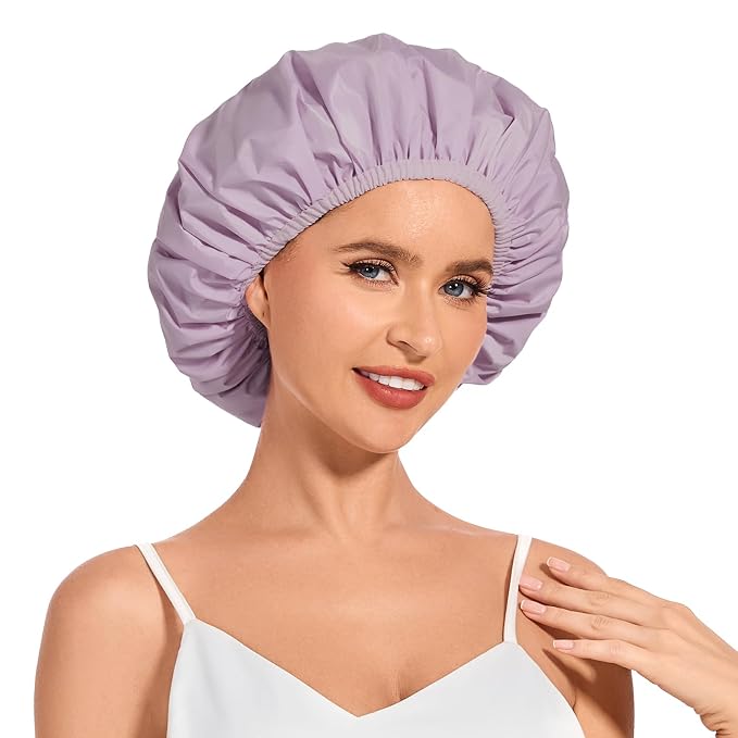 Shower Cap for Women Waterproof Reusable, Large Shower Cap Non-Slip with Elastic Band, Washable Bath Hair Hat for Long Hair, Braids (Purple)