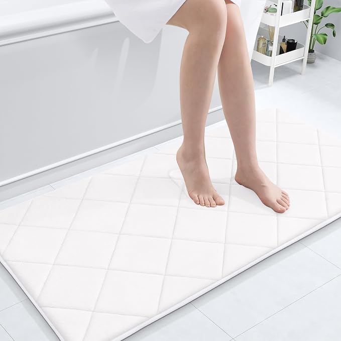 OLANLY Memory Foam Bath Mat 44x24, Ultra Soft and Absorbent Bathroom Rugs | White, Quick Dry, Machine Washable Shower Bath Rugs, Comfortable Bath Carpet for Bathroom Floor, Tub and Shower