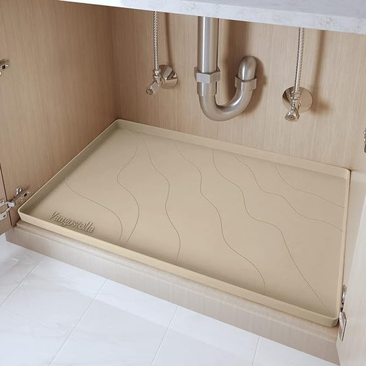 Heavy Duty Silicone Under Sink Mat for Kitchen&Bathroom 22" x 19",Waterproof Under Sink Rubber Mat Drip Tray, Raised Edge Under Sink Liner,Prevent Drips, Leaks, Spills,Beige