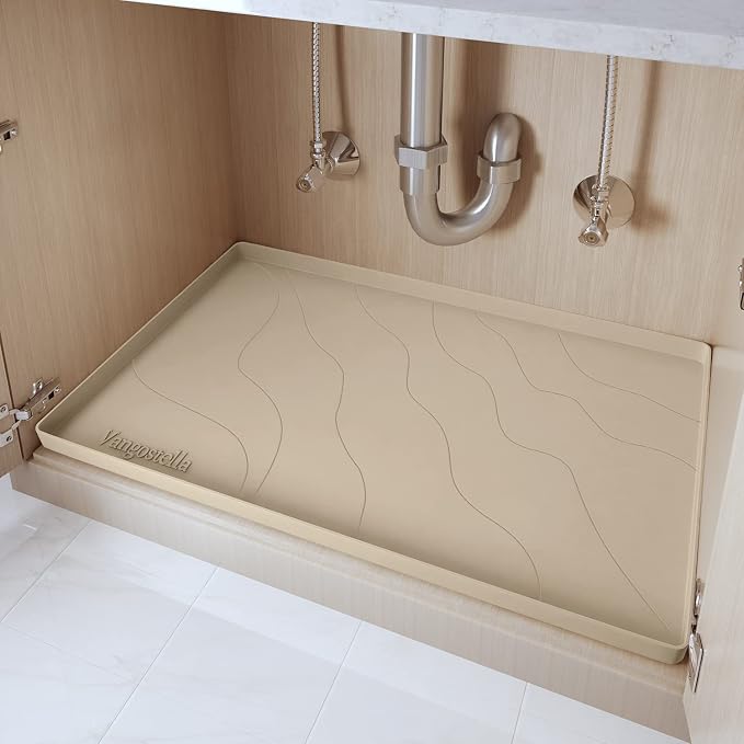 Heavy Duty Silicone Under Sink Mats for Kitchen Waterproof 37" x 19", Extra Thick Under Sink Rubber Mat Drip Tray, Raised Edge Under Sink Liner,Prevent Drips, Leaks, Spills,Beige