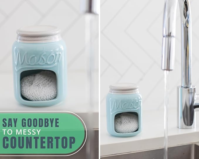 Comfify Aqua Blue Mason Jar Ceramic Sponge Holder – Farmhouse Sink Caddy | Aqua Blue; mason jar ceramic; 5"H x 3.75" diameter; includes nylon scrubby; embossed 'MASON'; decorative lid; farmhouse