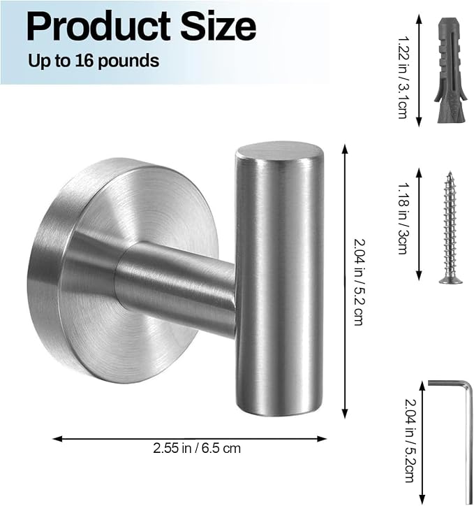Kruodop Towel Hooks for Bathroom,6 Packs Wall Mount Towel Holder,Black Matte Wall Robe Hook,Stainless Steel Heavy Duty Door Hanger Towel Hook for Kitchen, Bedroom,Hotel,Pool,Coats - Silver