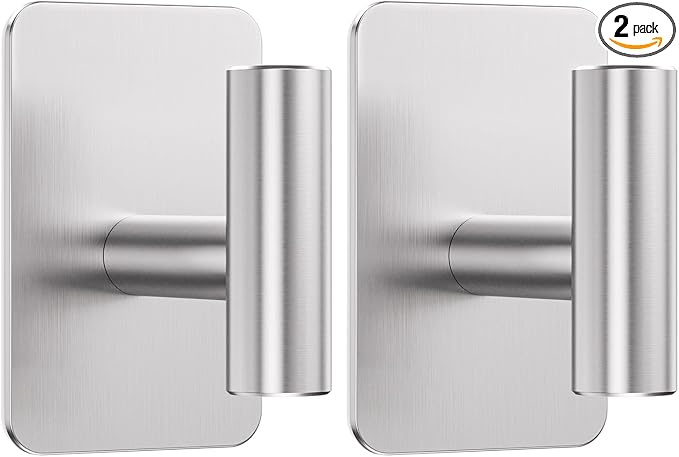Heavy Duty Adhesive Hooks - 26lb Max, Sticky Wall Hooks Waterproof Stainless Steel for Hanging Towel, Coat, Robe, Towel Hooks Stick on Bathroom, Kitchen, Shower, Door (Silver, 2 Pack)