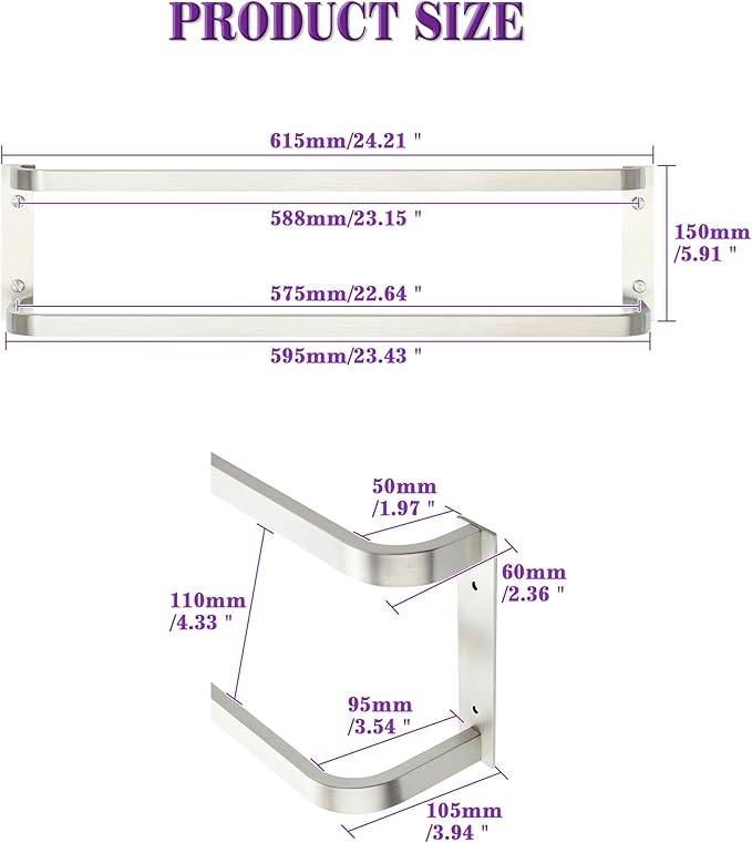 Alise Double Towel Bars for Bathroom,24 in Towel Holder Towel Racks for Bathroom Wall Mount,SUS304 Stainless Steel Double Towel Rail Towel Hanger for Walls,Brushed Nickel