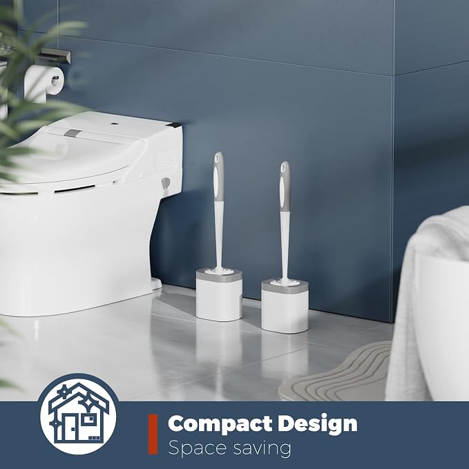 Holaloha Toilet Brush and Holder Set, Space Saving, 2 Pack, White | Bathroom Accessories, Ergonomic Silicone Handle, Dense Bristles, Deep Cleaning, Scrubber, Compact Design