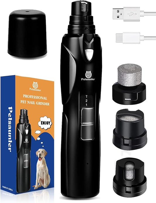 Petsaunter Dog Nail Grinder, 2-Speed and LED Light, Touch-Switch, TypeC, Quiet and Low-Vibration Dog Nail Trimmers, and 3 Ports for Large Dogs, Medium, Small Dogs Cats Pets with Hard or Thick Nail