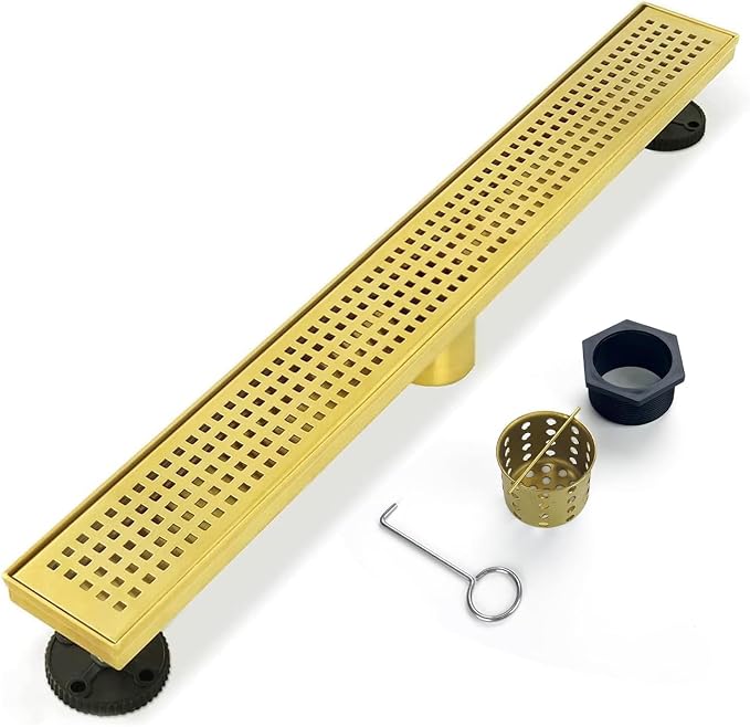 Linear Shower Drain, 18 inch Gold Drain with Removable Grate Cover, Brushed 304 Stainless Steel Shower Floor Drain, Linear Drain with Hair Strainer and Adjustable Feet