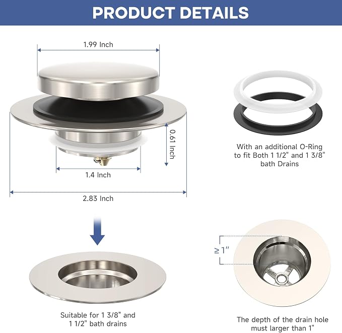 Brushed Nickel Universal Tip Toe Tub Stopper, Pop Up Bathtub Drains Plug, Bathroom Bath Tub Drain Stoppers, Conversion Kit Assembly, Replaces Lift and Turn, Tip-Toe and Trip Lever drains for Tub