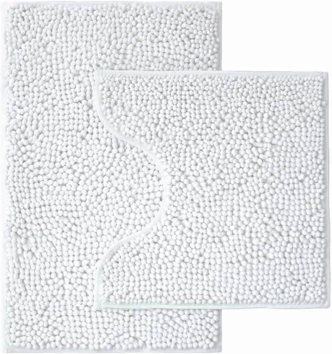 Bathroom Rugs Sets 2 Piece,Super Absorbent Chenille Bath Mats and U-Shaped Toilet Rug,Strong PVC Non Slip Backing,Microfiber Washable Dry Quickly Bath Mats for Bathroom(20"x32"+20"x20"U,White)