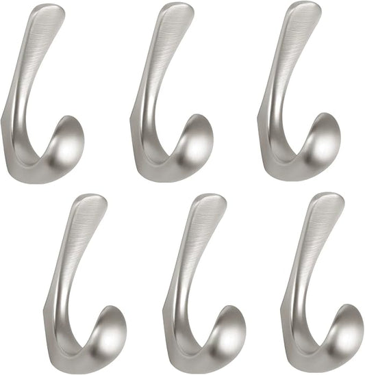 6 Pack Towel Hooks for Bathrooms Wall Mounted, Brushed Nickel Bathroom Hooks for Towels, Robe & Towel Hook for Wall, Modern Bath Towel Hook