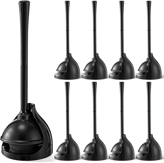 Reallnaive 8 Pack Toilet Plunger with Holder, Commercial Grade Heavy-Duty Plunger Set with Storage Base, Professional Bathroom Maintenance Tool