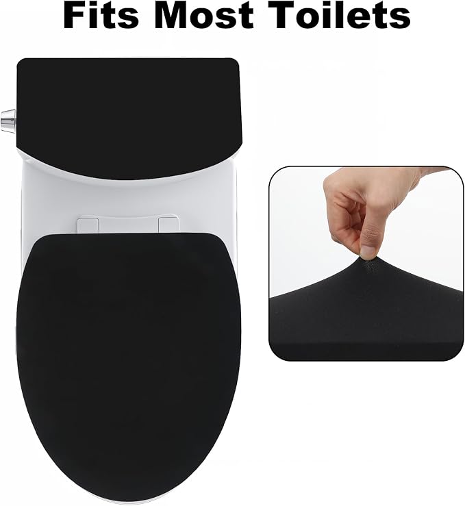 2 PCS Black Toilet Seat Cover Set, Soft Velvet Black Toilet Cover & Nylon Tank Cover with Elastic Bottom, Machine Washable Bathroom Accessories