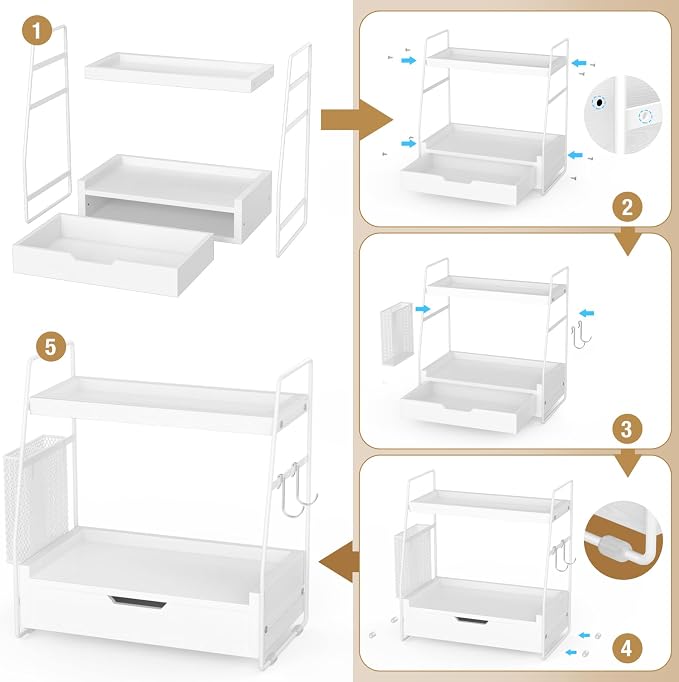 2-Tier Bathroom Counter Organizer with Drawer and Removable Basket, Wood Vanity Countertop Storage for Perfume, Makeup, Skincare, Bathroom Counter Shelf, 13" x 7.9" x 14.5", White