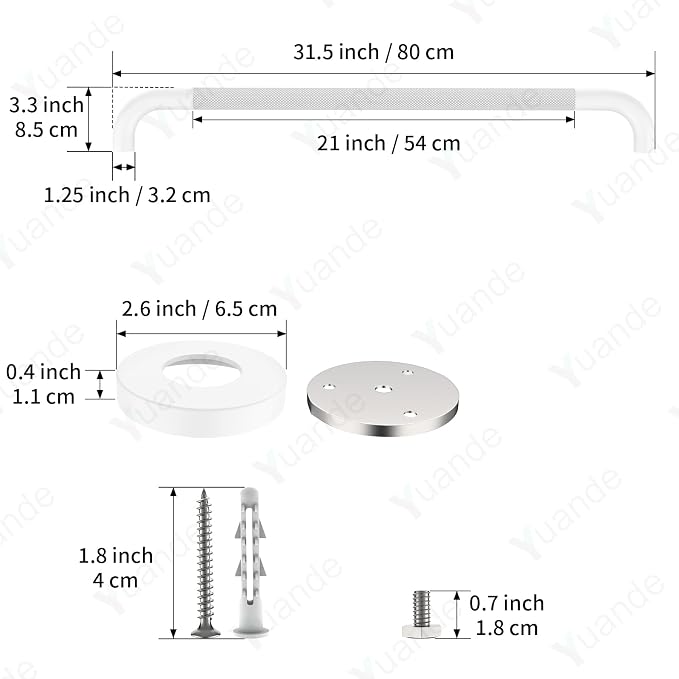 32 Inch White Grab Bars for Shower with Anti-Slip Knurled Grip,YuanDe Stainless Steel Bathroom Grab Bars, Shower Handrail Support, Handicap Elderly Balance Assist Handles