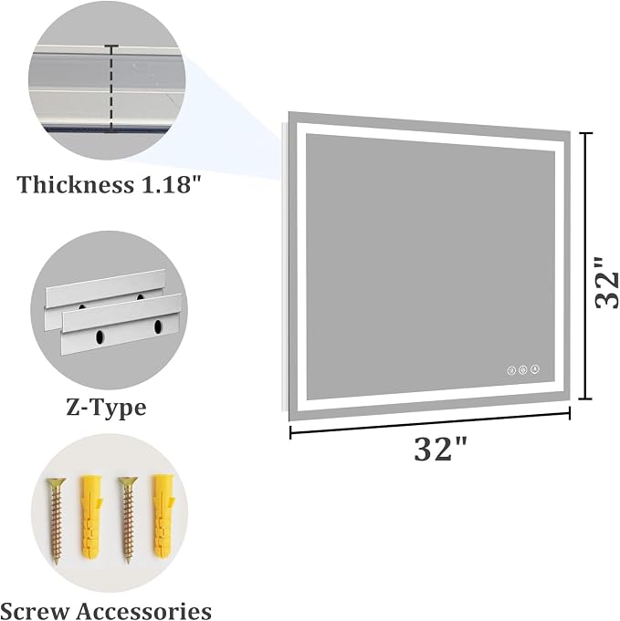 Koonmi 32x32 LED Bathroom Mirror with Light, Anti-Fog, 3 Colors | Backlit + Front Lit, Dimmable Brightness, Shatterproof HD Distortion-Free Tempered Glass, Hardware Included