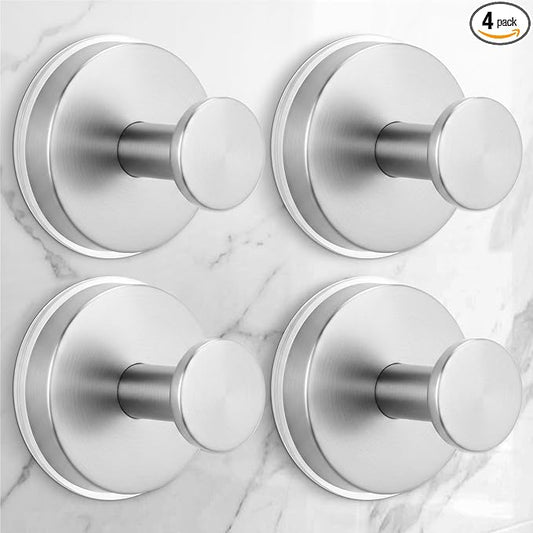 Large Suction Cup Hooks for Shower,Glass Window&Door,Mirror,Reusable Shower Hooks,No-Drill Removable Towel Hooks for Bathroom,4 Packs(Brushed Silver)