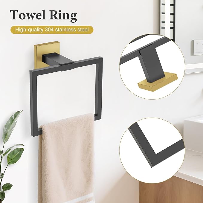 TURS 5-Piece Bathroom Hardware Set Matte Black and Gold Towel Bar Set Bath Towel Holder Sets SUS 304 Stainless Steel Wall Mounted Towel Rack Sets for Bathroom.