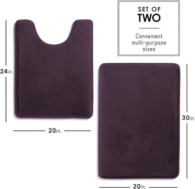Clara Clark 2 Piece Bathroom Rugs, Velvet Memory Foam Bath Mat Set, Non-Slip Bath Rugs, Machine Wash, Dries Quickly, Ultra Soft Plush Bath Mats for Bathroom, 20 x 32 + Contour, Dark Purple
