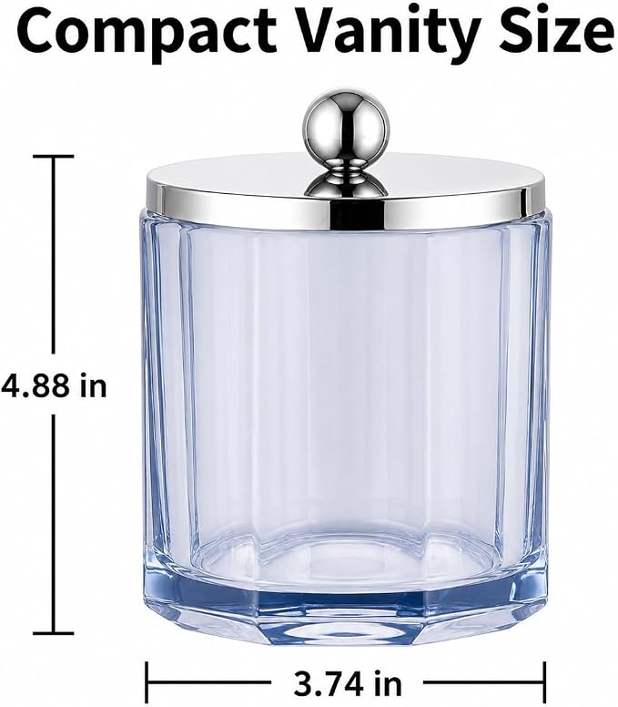 Light Blue Translucent Apothecary Octagional Shaped Glass Canister Jar With Metal Lid Cover for Bathroom Organization, Cotton Balls, Q Tips, and Small Accessories, Bathroom Storage