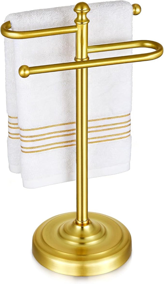 Hand Towel Stand,304 Stainless Steel Hand Towel Holder for Bathroom Kitchen Counter，14.5 Inch S-Shape Weighted Base Standing Hand Towel Rack Bar Holds 2 Towels (Gold)