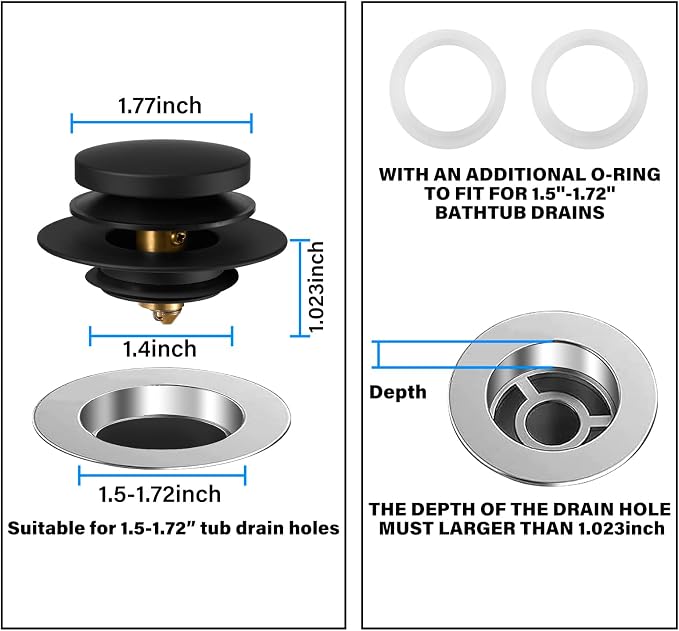 Bathtub Drain Stopper, Tub Plug for 1.5"-1.72" Regular Drains | Universal Pop Up Tub Stopper Replacement for Tip Toe/Trip Lever/Lift&Turn Tub Drains, 3 O-Rings, Black