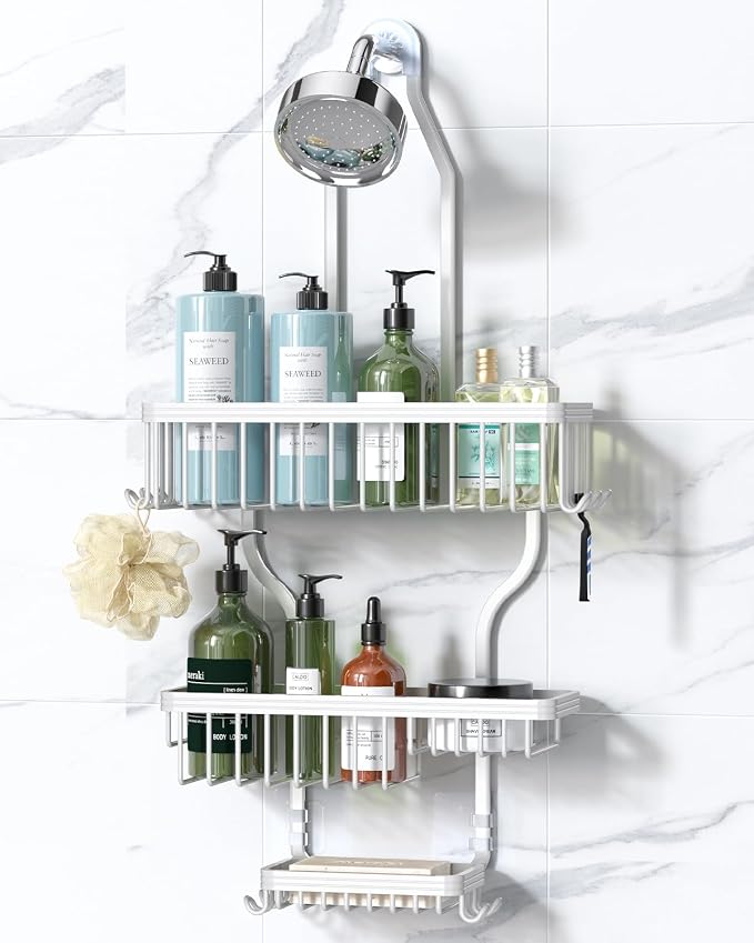 Never Rust Shower Caddy Hanging, Aluminum Shower Racks for Inside Shower, 3-Tier Shower Organizer Hanging Over Shower Head with Hooks and Soap Holder, White
