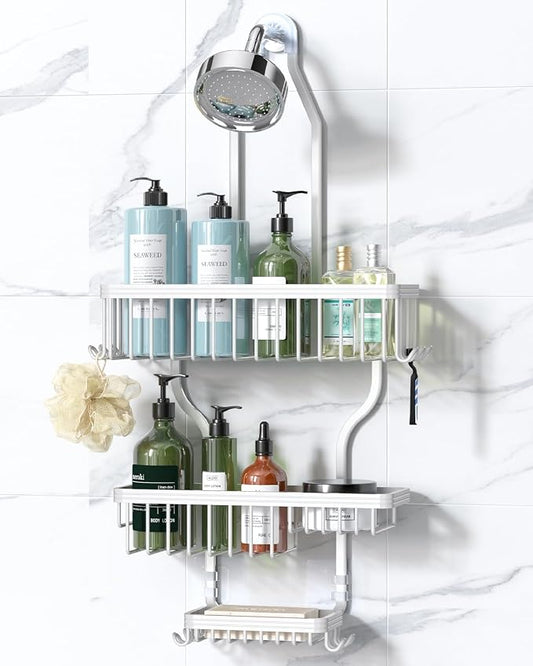 Never Rust Shower Caddy Hanging, Aluminum Shower Racks for Inside Shower, 3-Tier Shower Organizer Hanging Over Shower Head with Hooks and Soap Holder, White