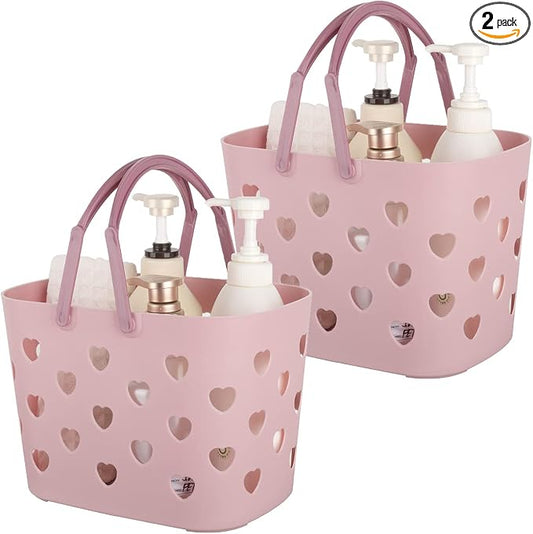 Anyoifax Portable Shower Caddy Tote Plastic Storage Basket with Handle Box Organizer Bin for Bathroom, College Dorm, Pantry, Kitchen, 2 Pack, Pink