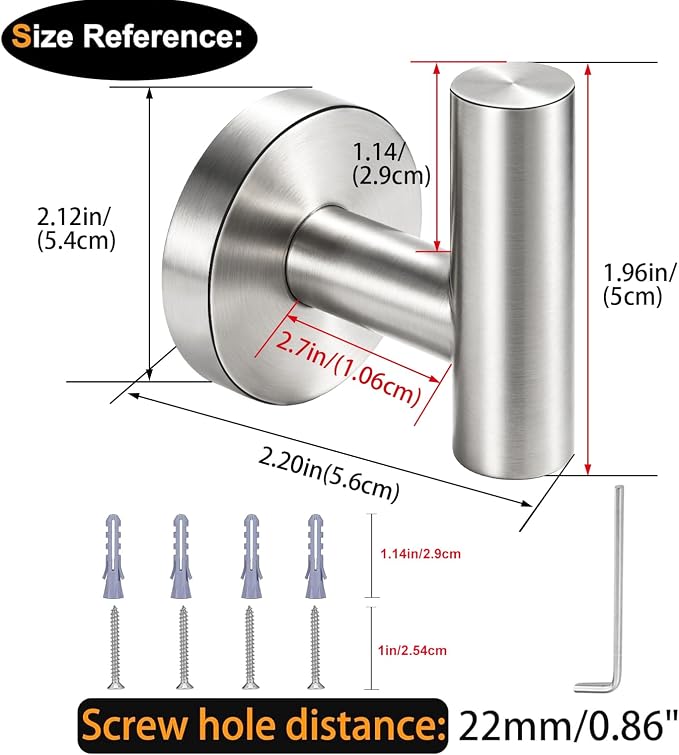 Nolimas Bathroom Towel Hooks SUS 304 Stainless Steel Coat Hook Round Clothes Towel Coat Robe Hook Cabinet Closet Door Sponges Holder for Bath Kitchen Garage Hotel,Wall Mounted, Brushed Nickel,6Pack