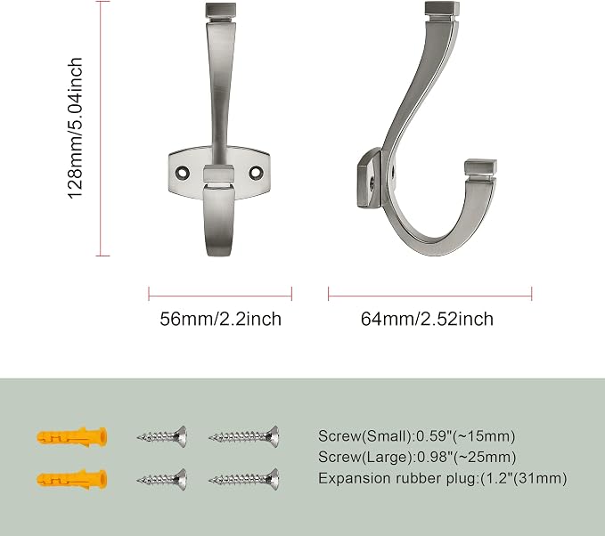 SAILING Coat Hooks - 5 Pack Brushed Nickel Towel Hooks Robe Hooks Decorative Wall Hooks for Bathroom Bedroom Kitchen Towel Robe Clothes Cabinet Closet Bathroom Hardware