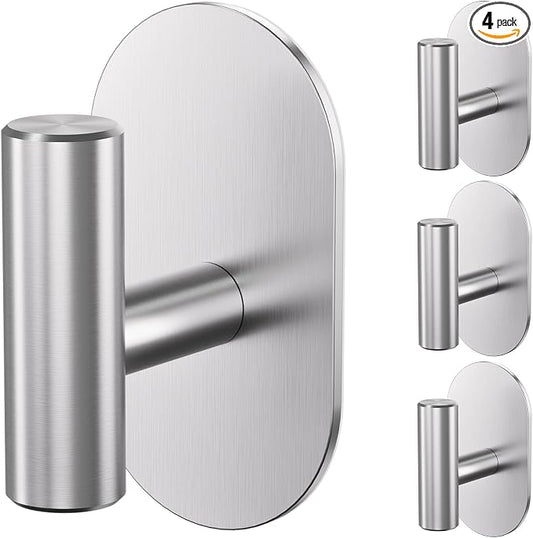 Aikzik Silver Adhesive Hooks Heavy Duty-Max 26lb, Wall Hooks for Shower, Bathroom, Towel, Coat, Robe, Stainless Steel Hooks for Hanging, Sticky Hooks for Walls No Damage- 4 Pack