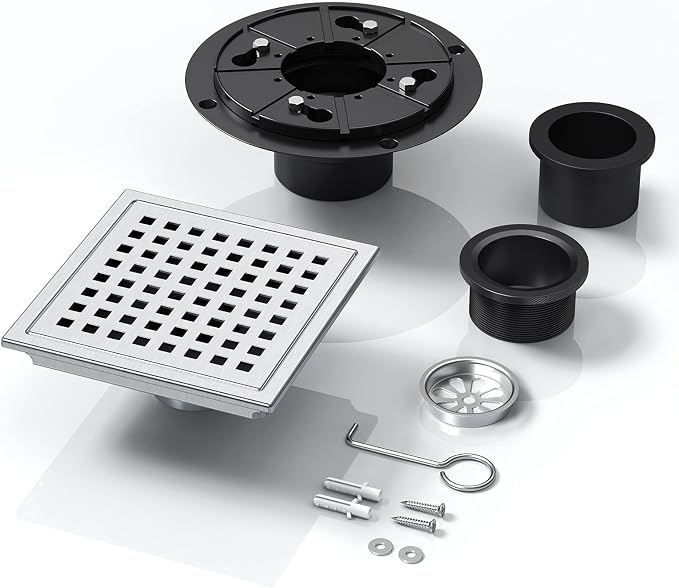 6 Inch Square Shower Drain Brushed with Removable Quadrato Pattern Grate, SUS 304 Stainless Steel Floor Drain with Flange