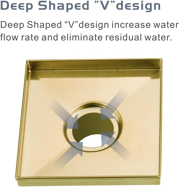 Gold Brushed Shower Drain with Flange, HIDROP SUS 304 Stainless Steel 6 inch Square Shower Floor Drain with Removable Hair Strainer