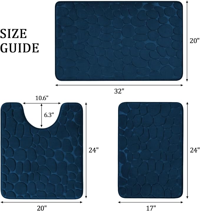 YIHOUSE Bathroom Rugs Mat Set, Memory Foam Bath Mat 3 Piece Navy Blue | U Shape+Small Mat, Non Slip, Water Absorbent, Washable, Bath Mat For Bathroom, Sink and Toilet
