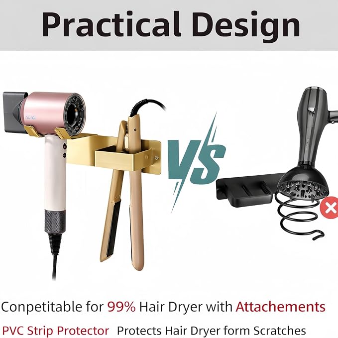 Hair Dryer and Straightener Holder, Stainless Steel Hair Dryer Stand for Bathroom, Hair Dryer Holder Wall Mounted Adhesive or Drilling, Hair Tool Organizer for Salon Barber Shops Gold BANJEKT